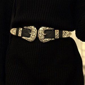 Western Double Gold Buckle Black Belt